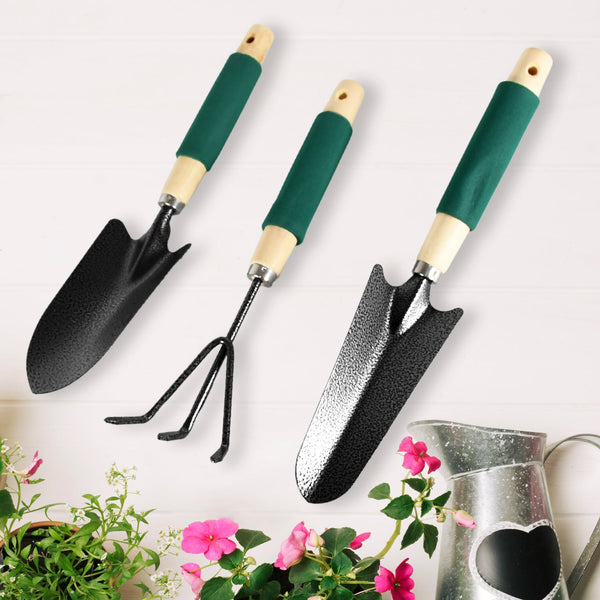 Gardening Tools - Hand Cultivator, Trowel, Heavy Duty with Ergonomic Wooden Handle for Transplanting and Digging (3 Pcs Set)