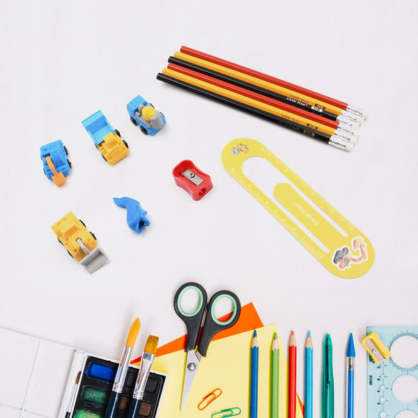 Pencil and Eraser Set, Construction Truck Theme Stationery Kit Includes 6 Pencils, 4 Erasers, 1 Sharpener, 1 Ruler Bookmark, 1 Pencil Cap Stationary For Birthday Gifts for Kids, Birthday Return Gifts (13 Pc set)