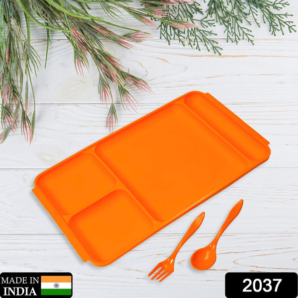 2037 4Compartment Dish with Spoon and Fork(2 Dish Set with 1Spoon and 1Fork) Dinner Plate Plastic Compartment Plate Pav Bhaji Plate 4-Compartments Divided Plastic Food Plate. 